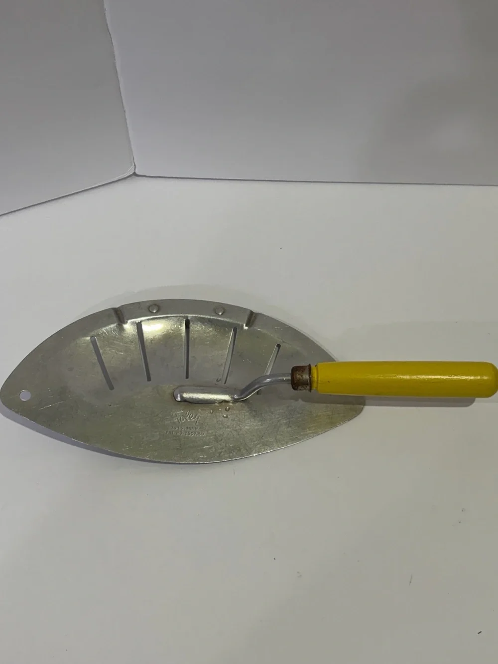 Mid Century Modern Foley Vintage Metal Pot Strainer with Yellow Handle